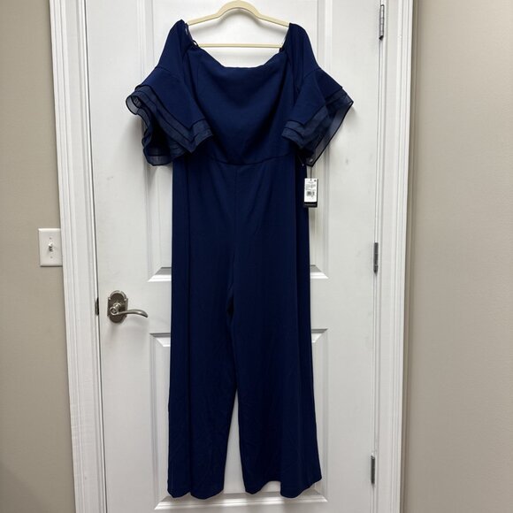 New Adrianna Papell Size 16 W Navy Off-Shoulder Organza-Sleeve Cocktail Jumpsuit - Picture 5 of 14